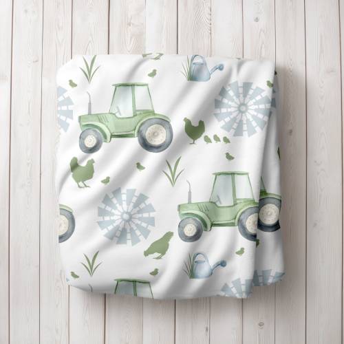 PERSONALIZED Farm Tractor Blanket, Sherpa Boy Blanket, Farm Themed Nursery Gift, Green Tractor Boy Swaddle, Baby Crib Bedding With Chickens