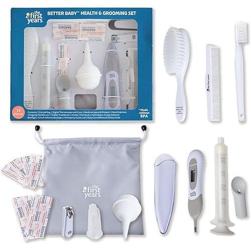 The First Years Better Baby Healthcare and Grooming Kit - Baby Care Products Including Baby Nail Clippers, Baby Brush, Infant Thermometer and More with Travel Tote - Diaper Bag Essentials - 18 Pieces