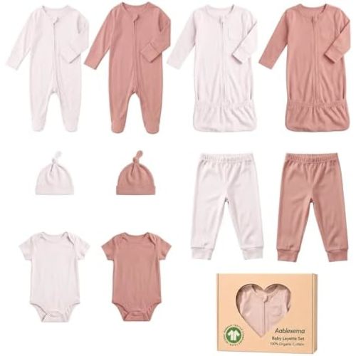 Aablexema Organic Cotton Baby Layette Set, 10pcs Newborn Essentials Footed Pjs, Bodysuits, Pants, Hats, Nightgowns