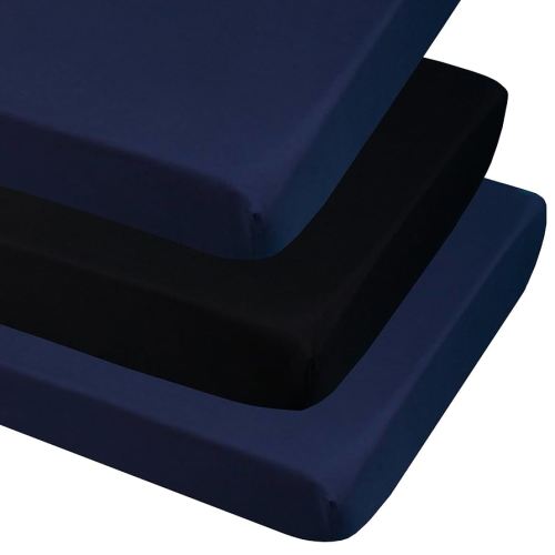CaSaJa 3-Pack Fitted Crib Sheets Set for Baby Boys, Extra Soft Breathable 9" Deep Mattress Sheet for Standard Toddler Bed 28x52, Cozy Washable Microfiber Nursery Sheets, 2 Navy Blue/1 Black
