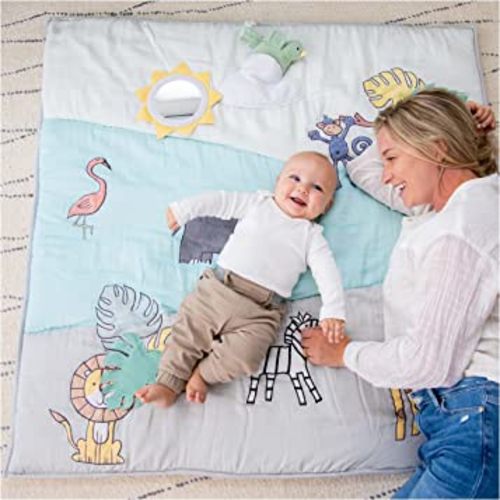 aden + anais Baby Bonding Playmat – Reversible 45” x 45” Cotton Muslin Infant Mat – Foldable Play & Tummy Time Cushion – Sensory Development Toys – Machine Washable - Non Toxic, PVC Free