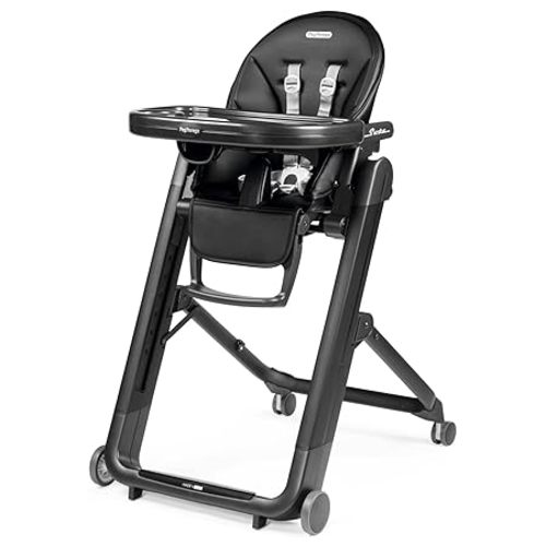 Peg Perego Siesta, Grow with Baby Folding High Chair & Recliner, Height Adjustable, Quick Clean & Easy Push Wheels for Babies & Toddlers, Made in Italy, True Black (Black)