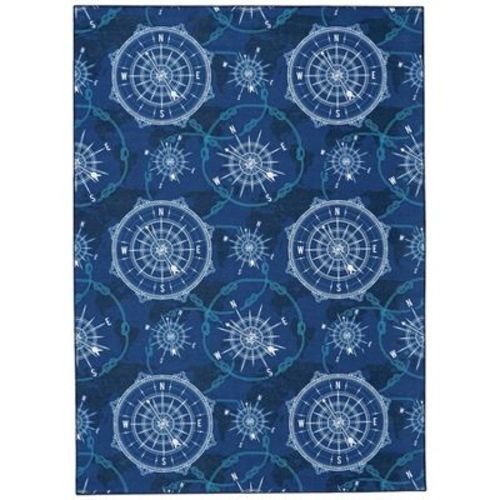 5'x7' Washable Simon Rug Blue/Ivory: Stain-Resistant, Pet Friendly, Low Pile, Nautical Decor, Indoor Use, Machine Made