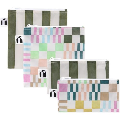 Roamio Reusable Bags, Washable Fabric, Waterproof Cloth Zip Bag, Pack Travel Pouch, Food-Safe, 4-pack Set Green Stripe and Multi Check