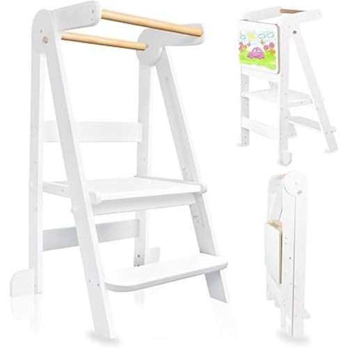 Foldable Toddler Kitchen Tower Step Stool, Standing Tower with Whiteboard, Toddler Kitchen Stool Helper with 3 Adjustable Heights, Montessori Learning Stool Tower for Kids 1-6 Years, White