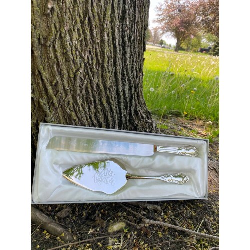 Classic Silver Engraved Wedding, Anniversary, or Birthday Cake Server Knife Set
