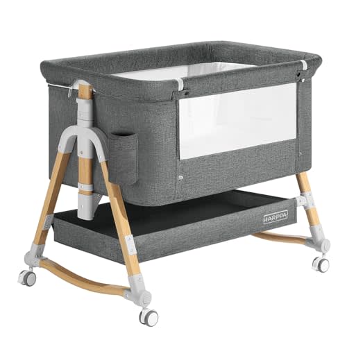 HARPPA Cuddly 3 in 1 Baby Bassinet Bedside Sleeper(Mosquito Net Included), Five-Position Adjustable Bedside Crib with Storage for Newborns, Portable Bassinet with Anchor Strap (Wood Grain, Grey)