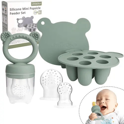 Silicone Baby Fruit Feeder & Freezer Tray Set, Baby Breast Milk Popsicle Mold for purees,Baby Food Feeder,BPA Free for 3 Month+, Additional Silicone Pouches (Sage)