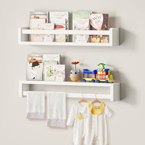 QimCoor 23.6inch Nursery Book Shelves, Floating Bookshelves for Wall, White Kids Bookshelf Set of 2, Wall Shelves for Living Room Bedroom Decor, Toy Storage Shelves