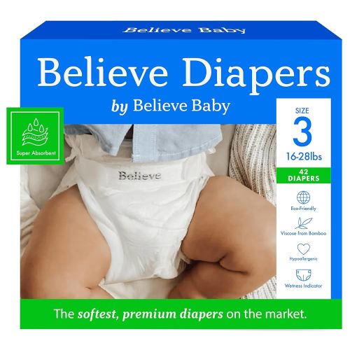 Believe Diapers Size 3 (16-28 Lbs) Viscose Bamboo Diapers 42 Count – Natural Baby Diaper, Chemical Free and Fragrance Free Natural Diaper for Sensitive Skin, Super Absorbent with Leak Protection