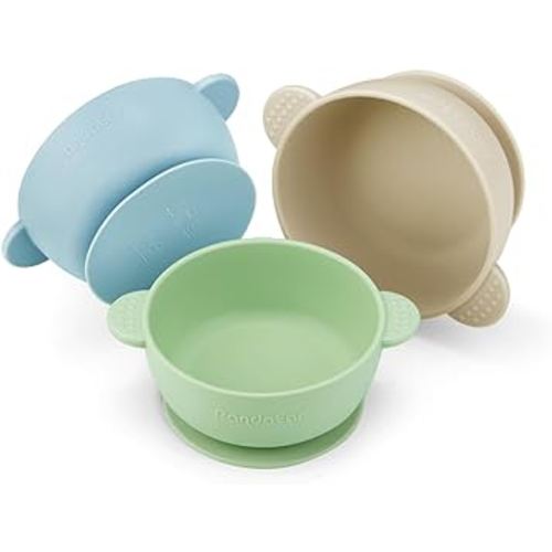 PandaEar 3 Pack Baby Bowls with Suction| Stay Put Silicone Food Bowl for Babies Kids Toddlers Infants| Food Grade Soft Safe BPA-Free Silicone (Blue Green Linen)