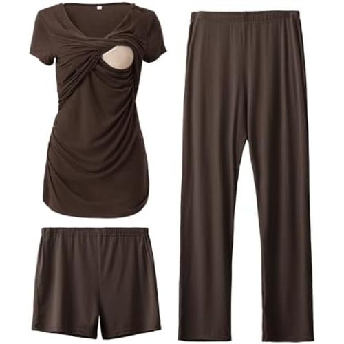 SUNNYBUY Women's Maternity Postpartum Pajamas Set, Breastfeeding Tops，Adjustable Pregnancy Shorts & Pants 3 Piece Nursing PJS