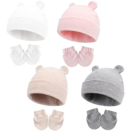 Newborn Hat Mittens Baby Boys Girls Cotton Hat Gloves Set Infant Beanie for 0-6 Months