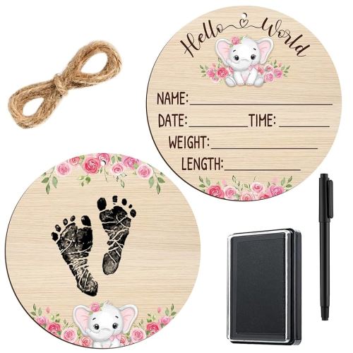 Thyle Baby Announcement Wooden Name Sign for Hospital Birth Double Sided Newborn Welcome Sign with Marker Pen and Ink Pad for Baby Shower Hand Footprints(Elephant)