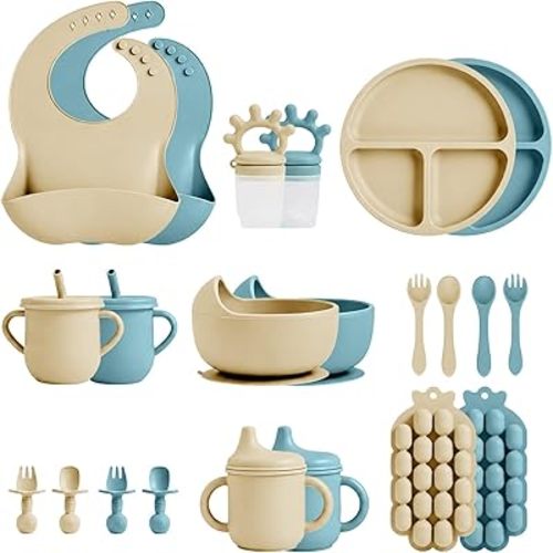 22 Pcs Silicone Baby Feeding Set with Suction Plate, Bowl, Bib, Sippy Cup, Fruit Feeder & Freezer Tray, Training cup with straw, Silicone Fork & Spoon, Baby Eating Utensils (Blue+Beige)