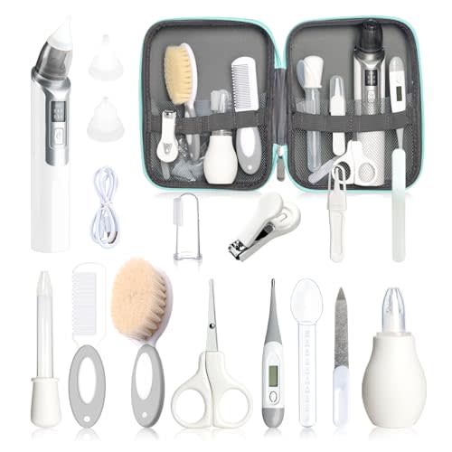 Baby Grooming Kit, Infant Safety Care Set with Baby Nose Aspirator,Baby Hair Brush Comb Nail Clipper Nasal Aspirator,Baby Essentials Kit for Newborn Girls Boys (17 Pc Grey White Kit)