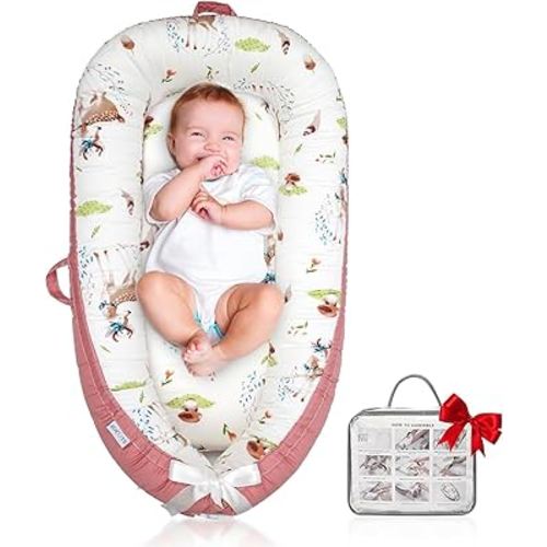 Baby Lounger for Newborn Cover - Newborn Lounger for 0-12 Months, Breathable & Portable Infant Lounger - Adjustable Cotton Soft Baby Floor Seat for Travel, Newborn Essentials - Pink Deer