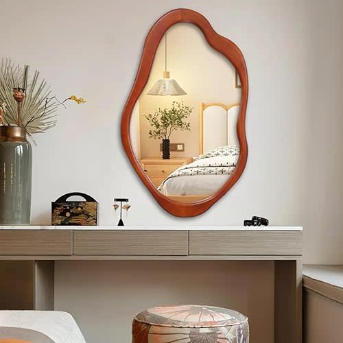 Wavy Mirror, Cloud Mirror, Irregular Wall Mirror with Wood Frame, Modern Decorative Mirror with Hanging Hooks, Asymmetrical Mirror for Bedroom Living Room Entryway (Walnut, 32×20)