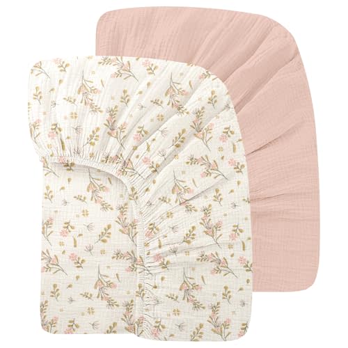 100% Organic Cotton Baby Crib Sheets Muslin 52x28 Inches 2 Pack Soft Fitted Crib Mattress Sheet for Baby Girls, Boho Toddler Bed Sheets Fits Well Standard Size Crib Mattress 28x52 Inches Floral & Pink