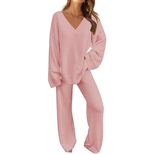 MEROKEETY Women's 2 Piece Outfits Fuzzy Fleece Pajama Set Long Sleeve Top Wide Leg Pants Loungewear