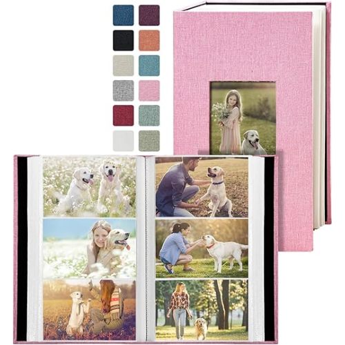 Photo Album 4x6 with 420 Pockets, Slip-in Picture Albums, Linen Cover Memory Book with Front Window, Black Page Vertical Photo Book for Wedding, Family, Anniversare, Baby, Vacation(Pink)