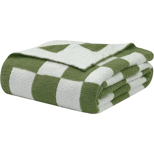 bearberry Fuzzy Checkerboard Grid Throw Blanket Soft Cozy Warm Microfiber All Season Blanket Decor for Couch Sofa Bed Travel Home (Avocado Green, 50''x60'')