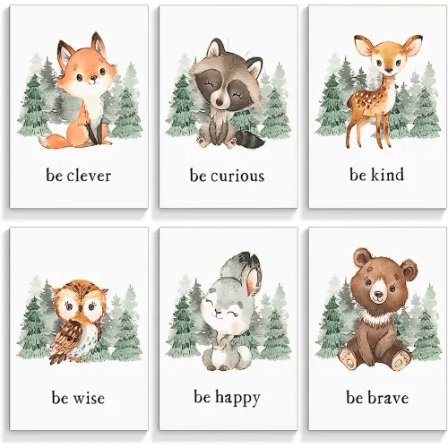 gooptyinh Woodland Nursery Animal Canvas Wall Art, 6 Piece Inspirational Forest Animals Print Posters, Motivational Quotes Cute Bear Fox Rabbit Deer Raccoon Owl Decor for Baby Bedroom 8x10in Unframed