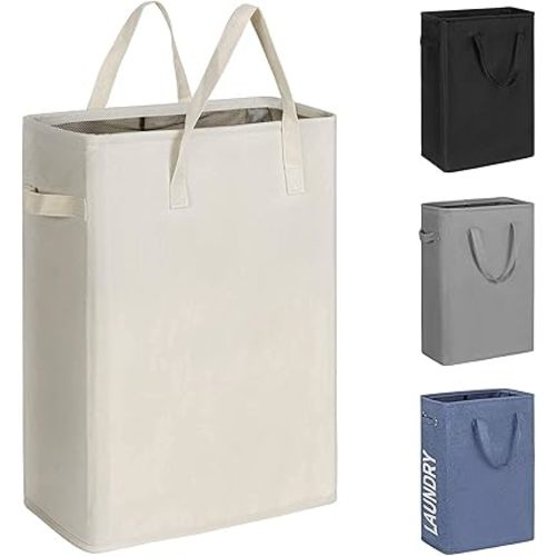 Chrislley 45L Slim Laundry Hamper Narrow Laundry Basket with Handle Foldable Dirty Clothes Portable Skinny Hamper Organizer Storage Bins (22 inches, beige)