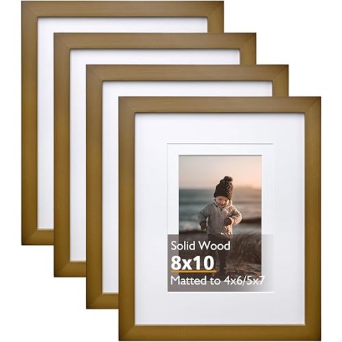 KINLINK 8x10 Picture Frame Brown, Solid Wood Frames with Acrylic Plexiglass for Pictures 4x6/5x7 with Mat or 8x10 without Mat, Tabletop and Wall Display Photo Frame, Set of 4