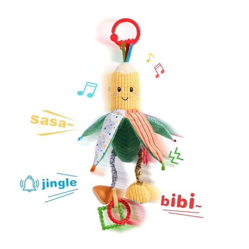 Jollybaby Hanging Rattle Toys for Car Seat Crib and Stroller, Vegetable Plush Sensory Toys for Travel with Ring Bell Crinkle BiBi Squeaky and Teether for Boys Girls Gift(Corn)