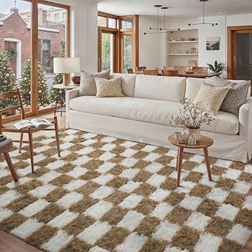 Checkered Rug 5x8 for Living Room, Beige and White Modern Shag Rug Super Soft Washable Indoor Fuzzy Carpet Non-Slip Fluffy Rugs for Bedroom Home Aesthetic Decor