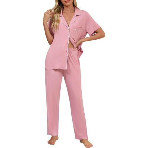 Senert Women Pajamas Set Short Sleeve Sleepwear Button Down Shirt with Long Pants Soft Pjs Set Nightwear Lounge Sets S-XXL