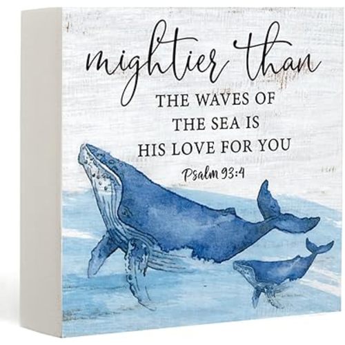Inspirational Nautical Ocean Whale Decor Mightier Than The Waves of The Sea Psalm 93:4 Wooden Box Sign Gift for Teen Kids Girl Boy Nursery Teen Room Bible Verse