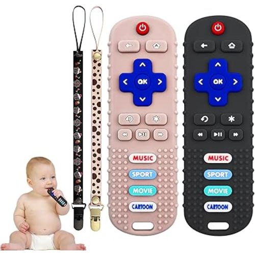 2Pack Teething Toys for Babies, Remote Control Shape Silicone Teether Toys,Baby Teethers for Toddlers Boys Girls (Black + Coral Color)