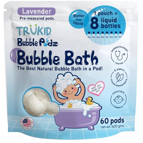 TruKid Bubble Podz Bubble Bath for Kids, Toddlers, & Babies, Tear Free Gentle & Refreshing Bath Bomb for Sensitive Skin with Natural Moisturizers, Non-Toxic, pH Balanced, Lavender Scent (60 Podz)