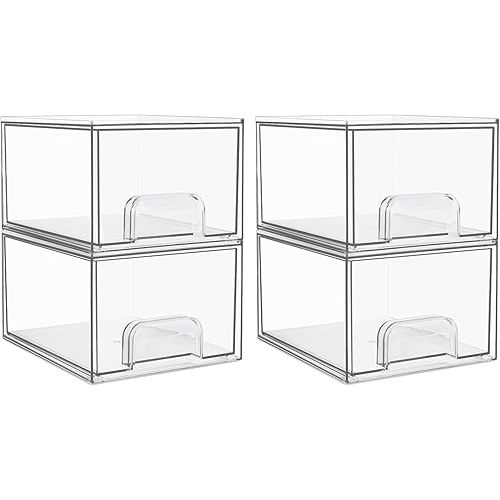 Organizer for baby bottle parts - Vtopmart 4 Pack Clear Stackable Storage Drawers, 4.4'' Tall Acrylic Bathroom Makeup Organizer,Plastic Storage Bins For Vanity, Undersink, Kitchen Cabinets, Pantry, Home Organization and Storage