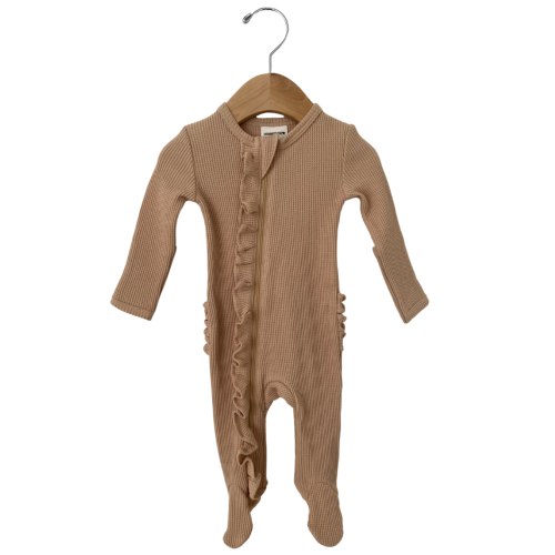 Organic Waffle Ruffle Zip Footie, Tan