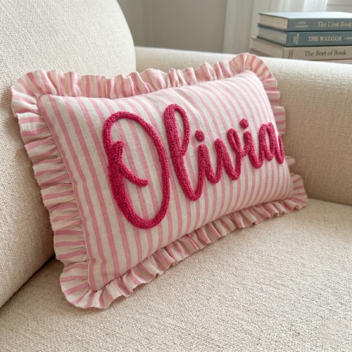 Personalized Striped Ruffled Punch Needle Throw Pillow: Embroidered Name Baby Gift for Nursery
