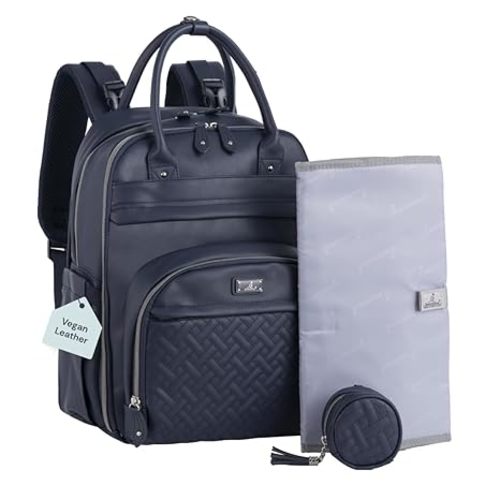 BabbleRoo Leather Diaper Bag Backpack - Baby Essentials Travel Baby Bag, Multi function, with Changing Pad, Stroller Straps & Pacifier Case – Unisex, Black