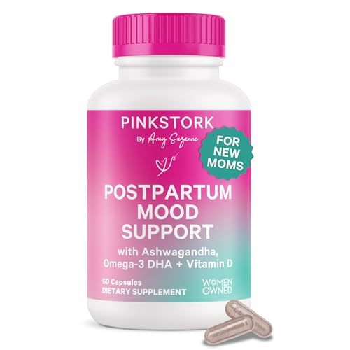 Pink Stork Postpartum Mood Support - Postnatal Hormone Balance for Women - Breastfeeding Friendly - Stress & Cognitive Support, New Mom Essentials - Ashwagandha, Chamomile, & Vitamin D, 60 Capsules