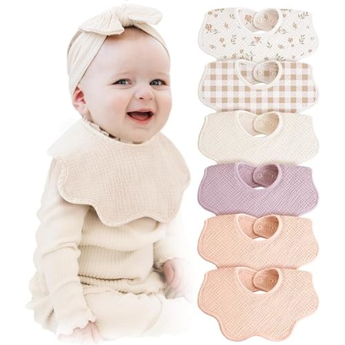 Konssy Muslin Baby Bibs 100% Cotton Absorbent Bandana Drool Bibs for Teething and Drooling, 6-Pack for Baby Boys & Girls