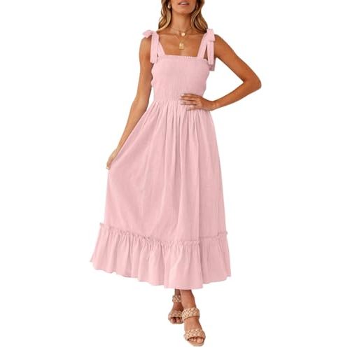 ZESICA Women's 2025 Summer Boho Spaghetti Strap Square Neck Solid Color Ruffle A Line Beach Long Maxi Dress