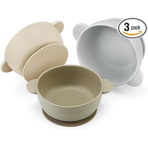 PandaEar 3 Pack Baby Bowls with Suction| Stay Put Silicone Food Bowl for Babies Kids Toddlers Infants| Food Grade Soft Safe BPA-Free Silicone (Brown Grey Tan)