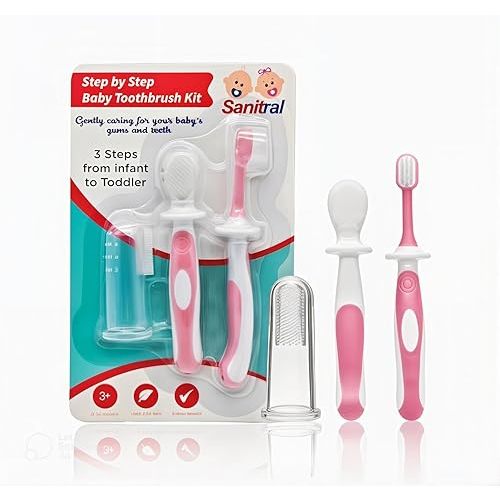 Baby's First Toothbrush Kit - Step by Step 0-2 Years - Safety-Tested & BPA-Free 3-Pack (Finger, Silicone, Toddler Toothbrushes) - Pink