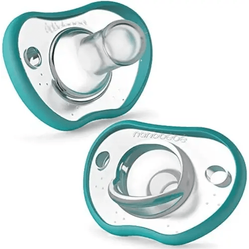 Nanobebe Baby Pacifiers 0-3 Month - Orthodontic, Curves Comfortably with Face Contour, Award Winning for Breastfeeding Babies, 100% Silicone - BPA Free. Perfect Baby Registry Gift 2pk,Teal