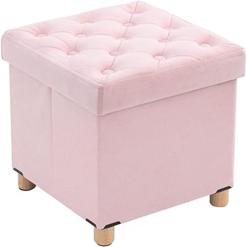 BRIAN & DANY Ottoman with Storage, Foldable Storage Ottoman Cube with Wooden Legs, Footstool for Living Room, Bedroom, Velvet Pink 15.7" x 15.7" x 15.7"