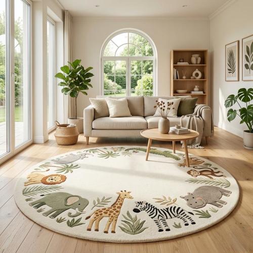 Hand Tufted Wool Safari Animal Round Rug, Jungle Nursery Playroom Carpet