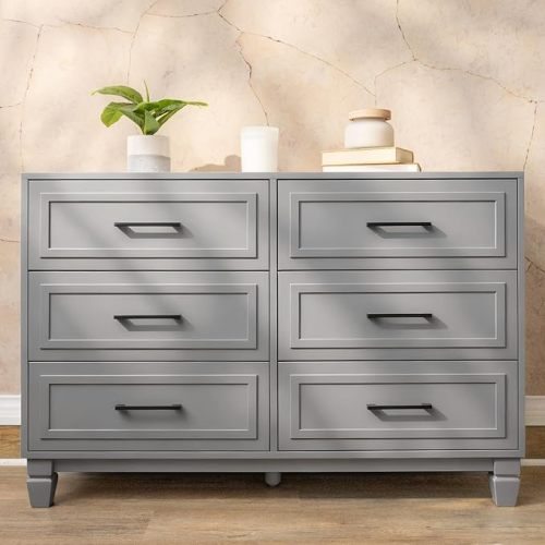 Farmhouse Dresser for Bedroom, 6 Drawer Dresser with Unique Solid Wood Legs, Modern Wide Chest Dressers for Clothes, Closet, Living Room, Grey
