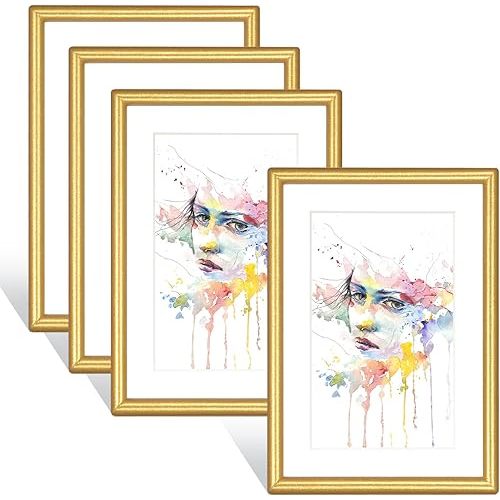 8x10 Picture Frame Set of 4, Gold Matte Thin Modern Metal, for Horizontal & Vertical Desk and Wall Mounting, Aluminum Floating photo Frames Fits 6x8 with Mat or 8 X 10 without Mats (4 Pack)