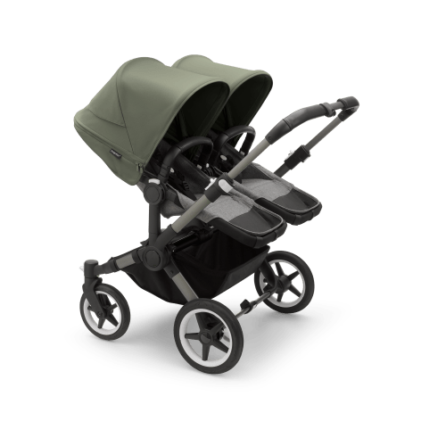 Bugaboo Donkey 5 Twin bassinet and seat stroller graphite base, grey mélange fabrics, forest green sun canopy